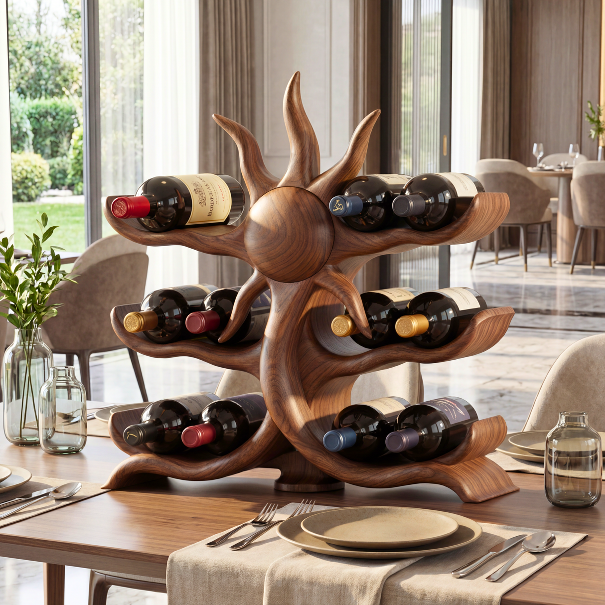 Sunburst Sculptural Solid Wood Wine Rack Bottle Holder Artistic Tabletop Display