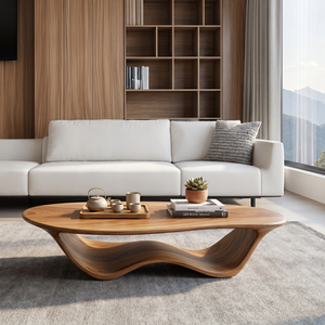 Coffee Table Solid Wood with Flowing Wave Sculptural Base for Living Room
