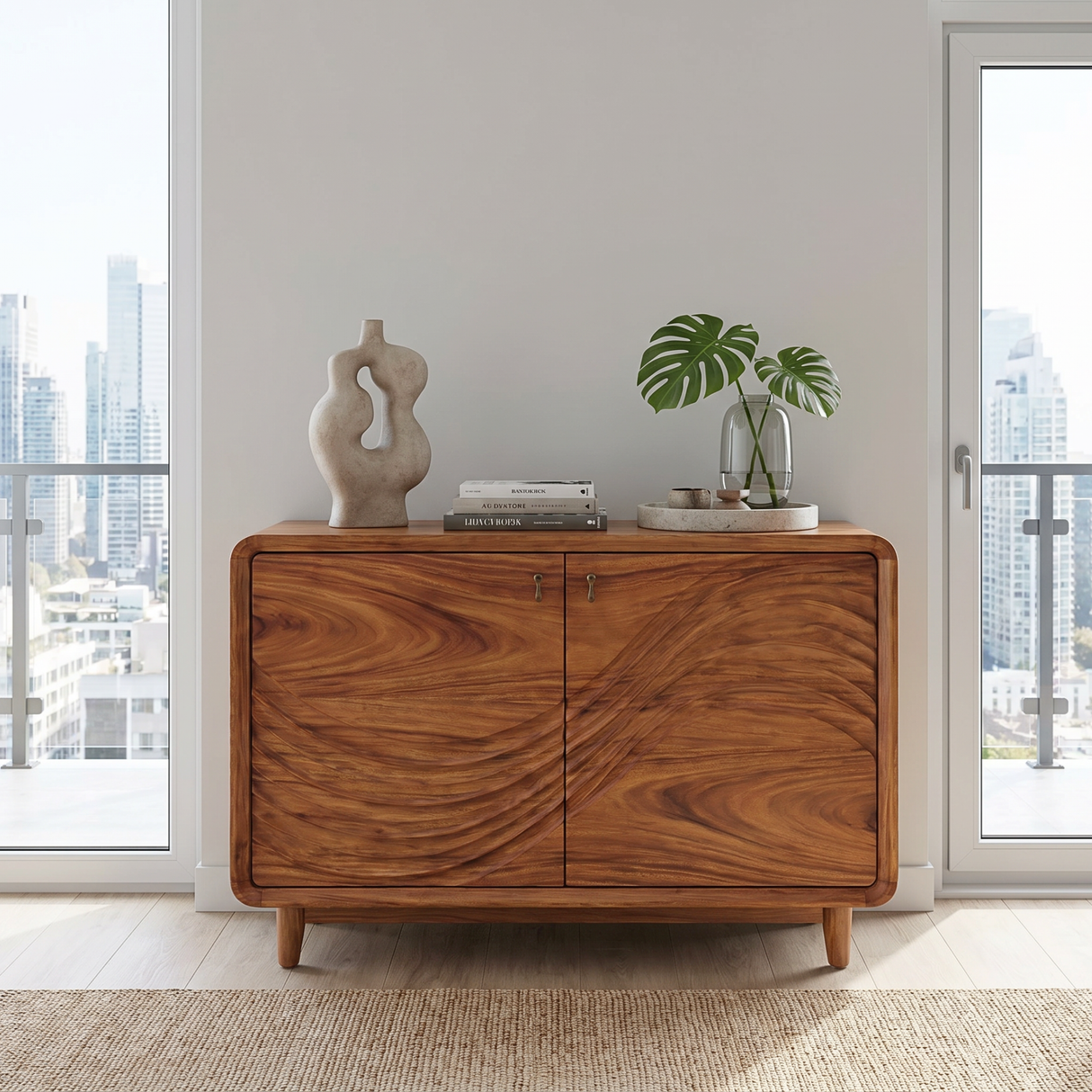 Natural Solid Wood Sideboard with Flowing Relief Carved Front