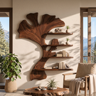 Wall Shelf Solid Wood Ginkgo Leaf Sculpture with Floating Display Shelves for Living Room Decor