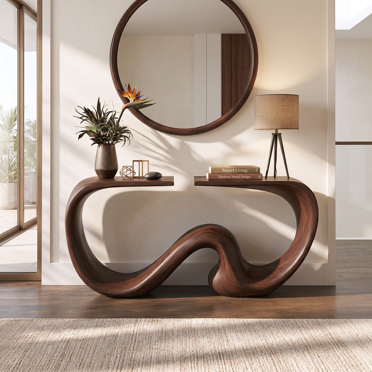 Console Table Solid Wood with Sculptural Twin Wave Base for Entryway Decor