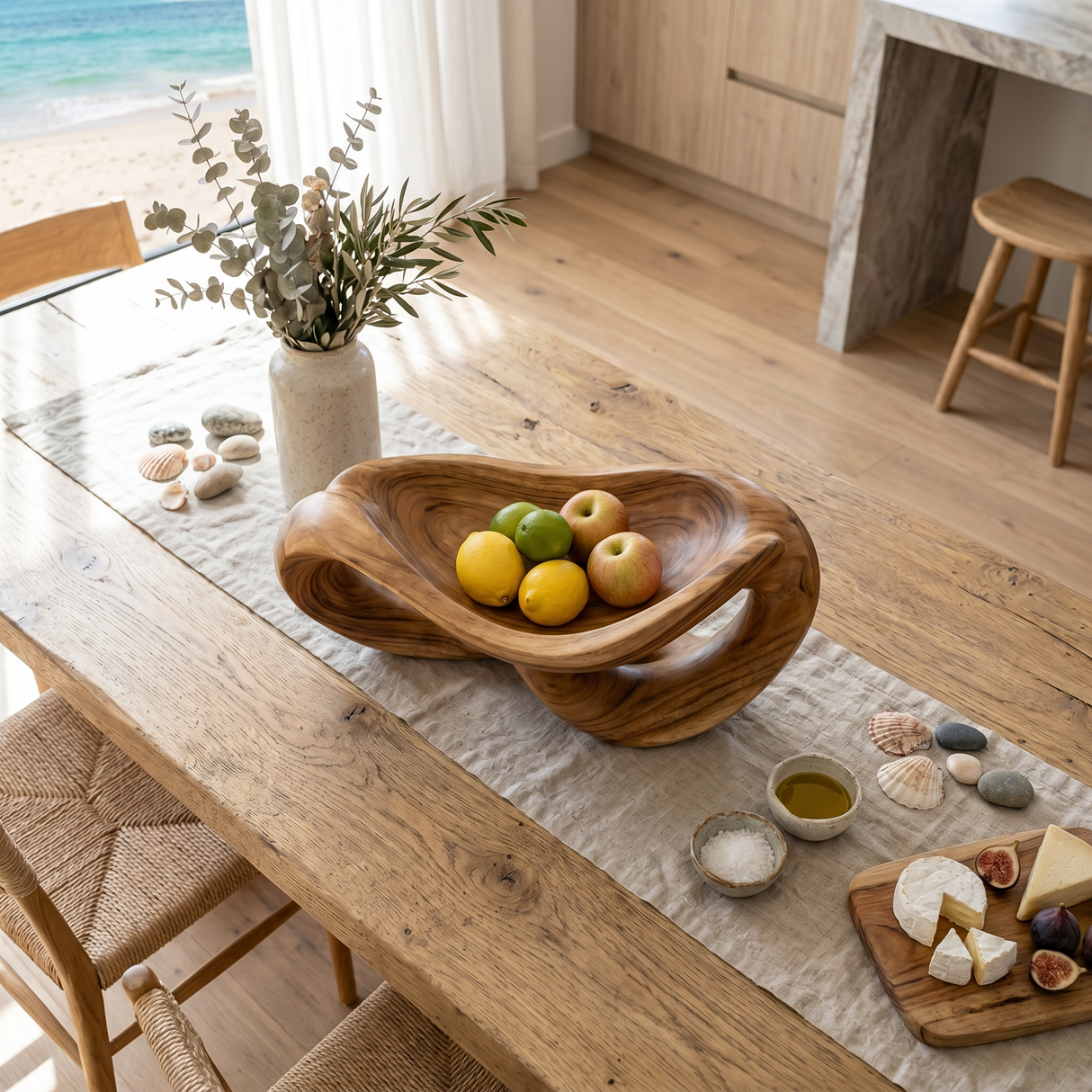 Solid Wood Infinity Curve Fruit Bowl with Open Loop Sculptural Base