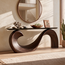 Console Table Solid Wood with Sculptural Wave Loop Base and Dark Top