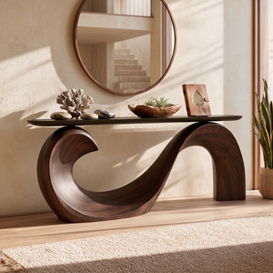 Console Table Solid Wood with Sculptural Wave Loop Base and Dark Top