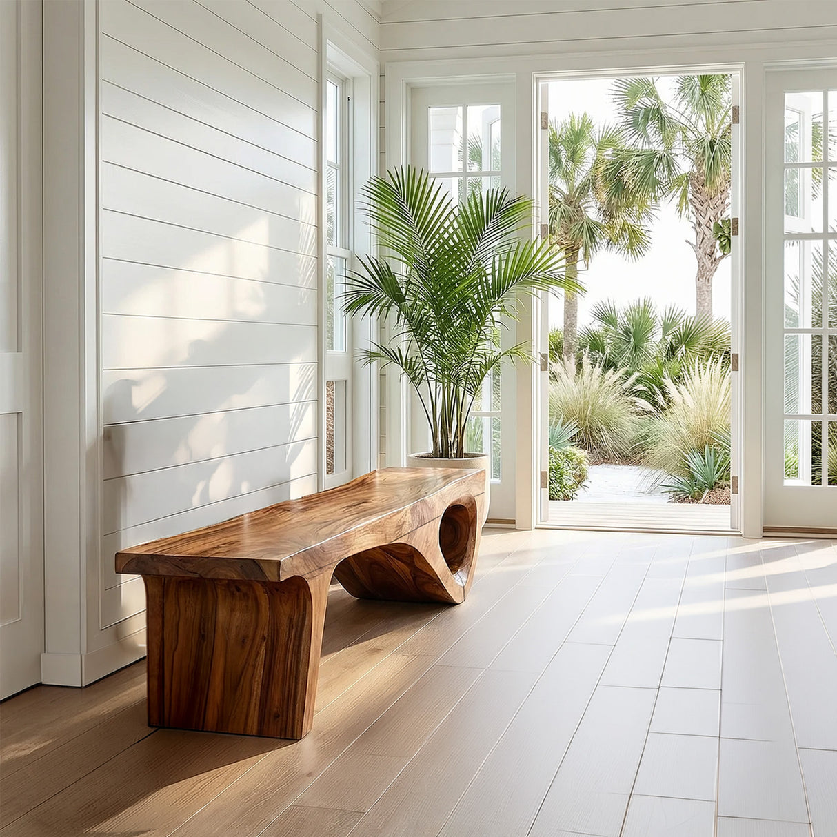 Natural Solid Wood Sculptural Bench for Modern Minimalist Interiors
