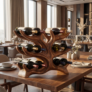 Tree Form Solid Wood Wine Rack Sculptural Multi Level Bottle Holder for Tabletop Storage