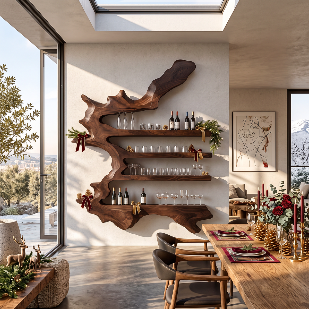 Branch Form Solid Wood Wall Wine Rack with Four Shelves