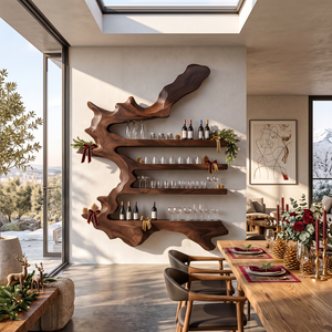 Branch Form Solid Wood Wall Wine Rack with Four Shelves