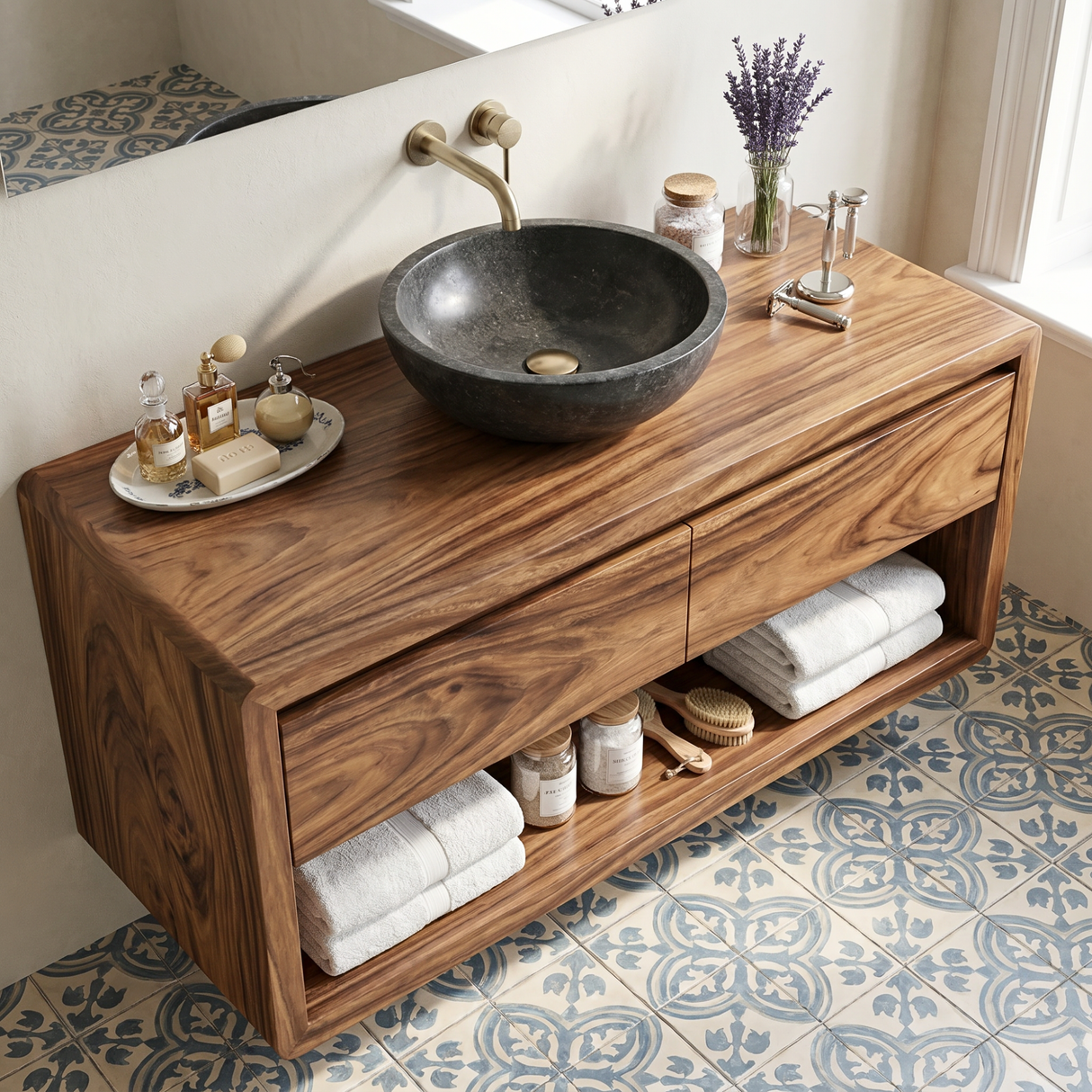 Minimalist Floating Solid Wood Bathroom Vanity with Seamless Organic Frame