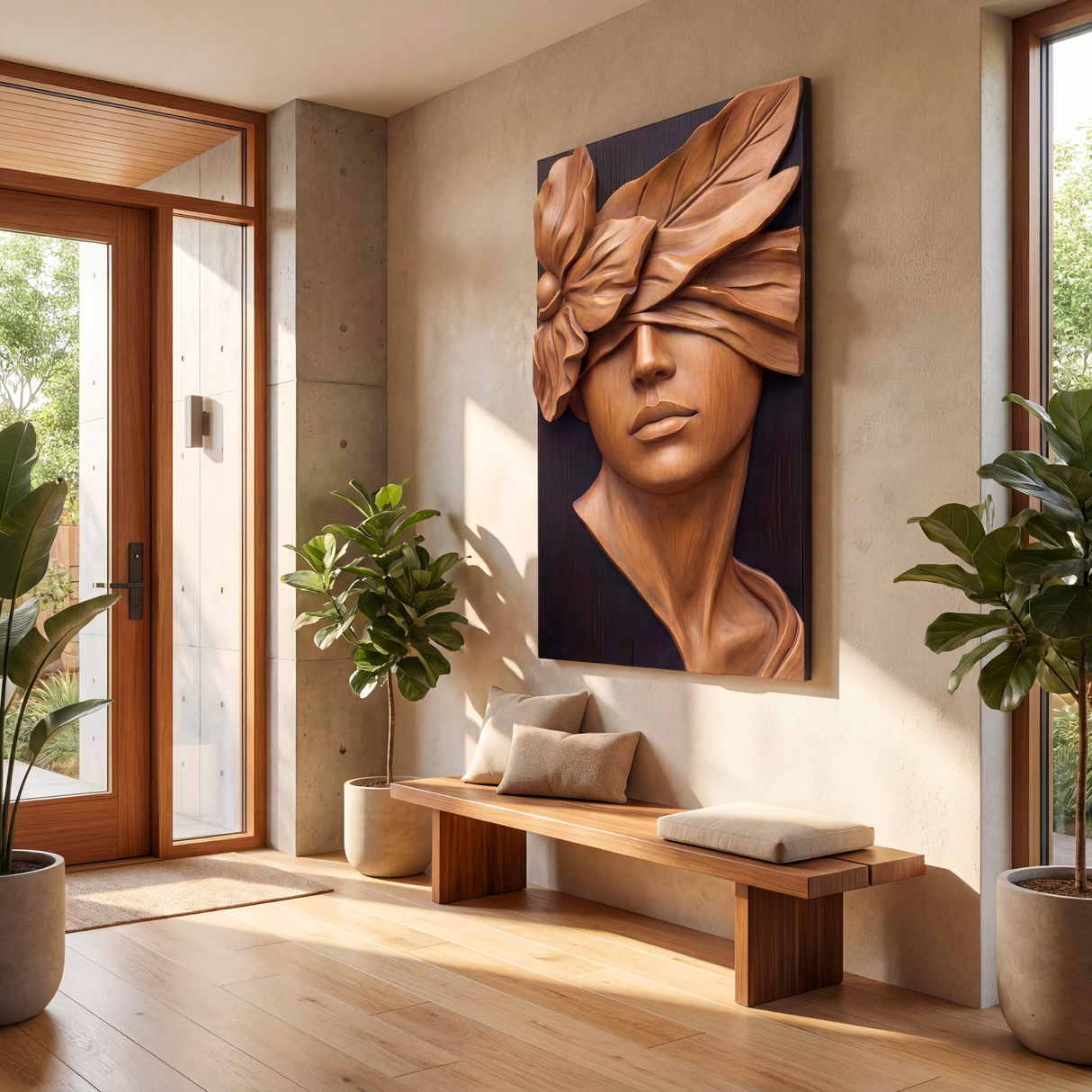 Urban Bloom Veil Wooden Relief Portrait Sculpture Wall Art