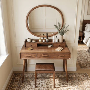Solid Wood Makeup Vanity Table with Tiered Organizer Hutch and Three Storage Drawers