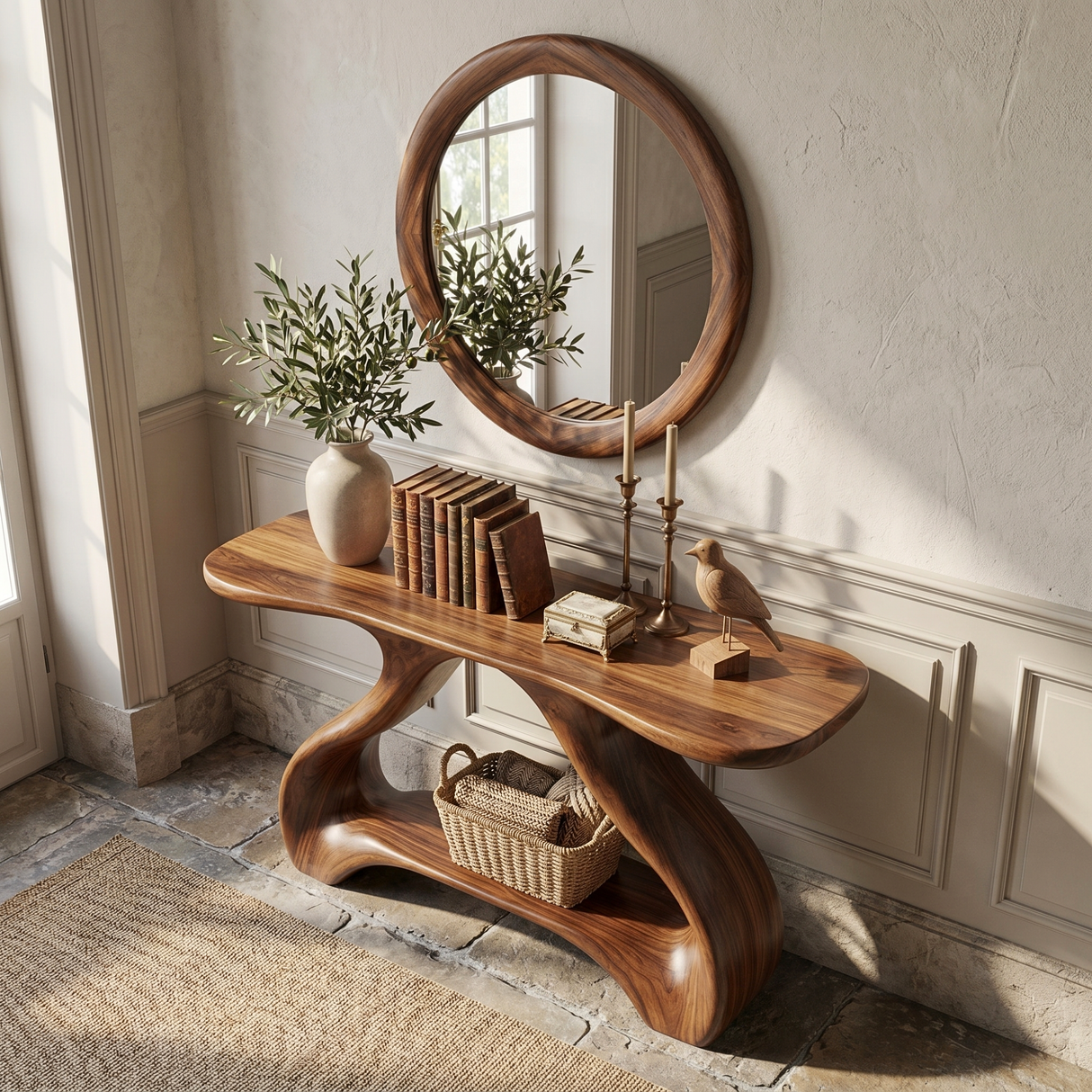 Organic Solid Wood Console Table with Sculptural Shelf Base