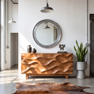 Sideboard Solid Wood with Sculptural Flowing Wave Relief Doors for Entryway Decor