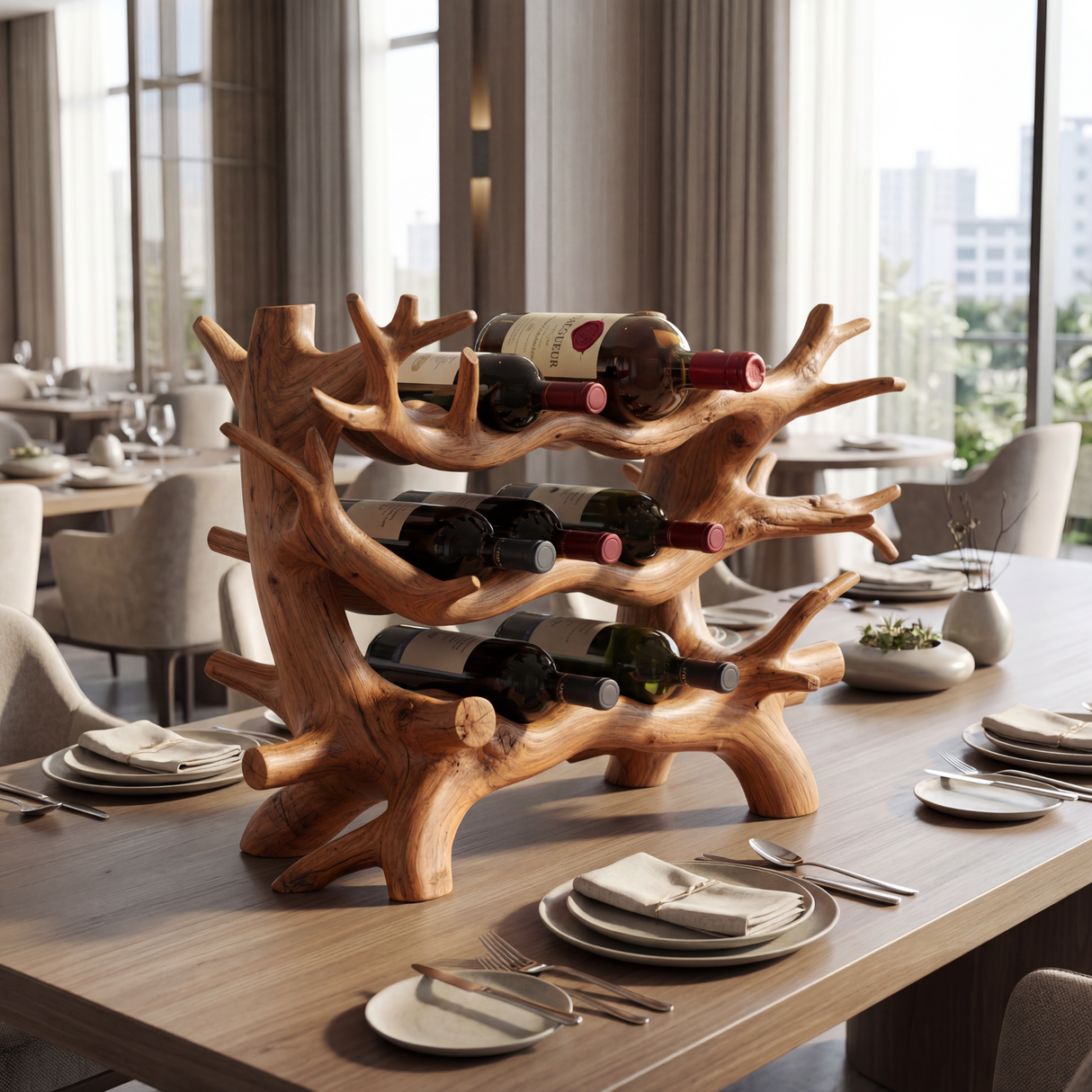 Organic Branch Style Solid Wood Wine Rack Sculptural Bottle Holder Multi Level Display