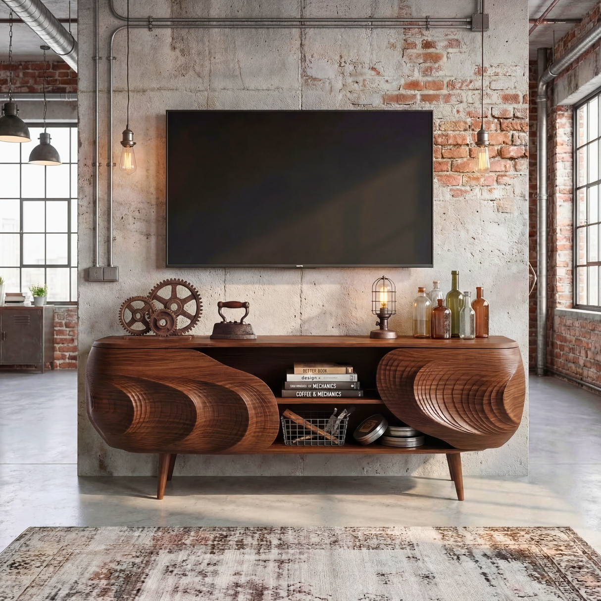 Sculptural Wood TV Cabinet with Carved Organic Front, Modern Media Console for Luxury Living Rooms