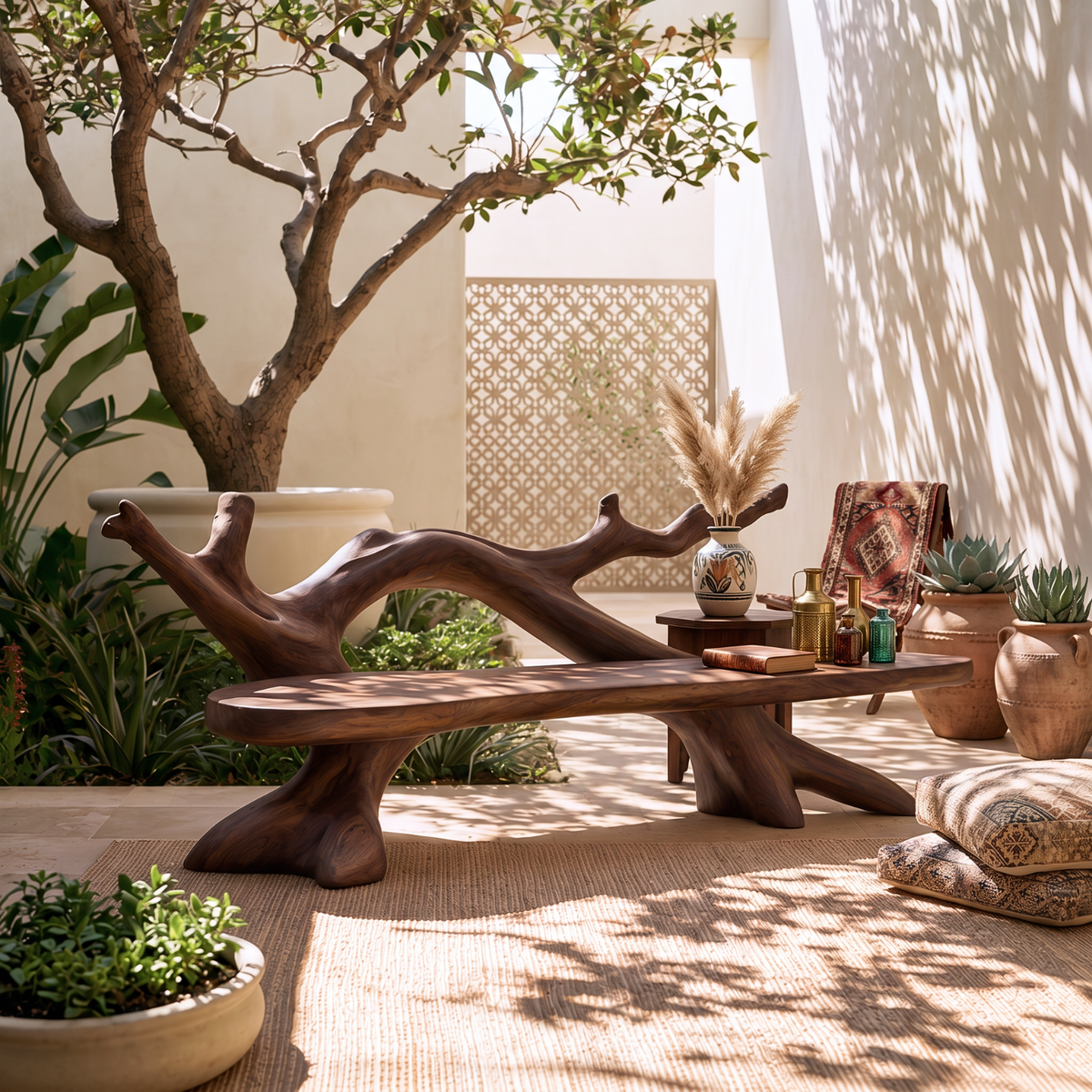 Organic Solid Wood Garden Bench with Natural Branch Backrest