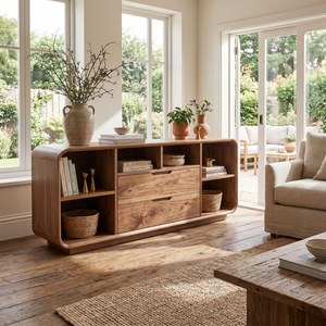Solid Wood Rounded Corner Sideboard with Drawers and Open Shelves