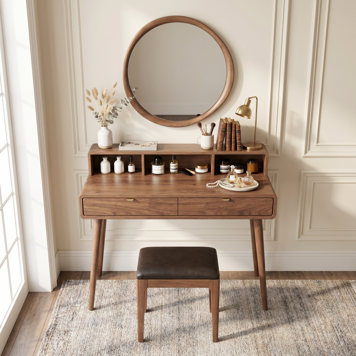 Mid-Century Solid Wood Vanity Desk with Open Hutch Shelf and Dual Drawer Storage
