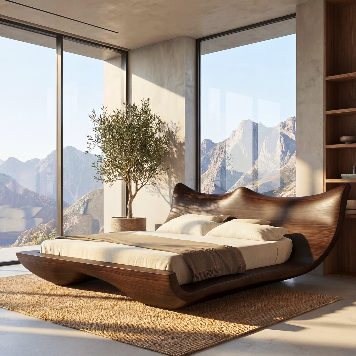 Sculptural Wood Platform Bed with Organic Wave Headboard, Modern Statement Bed Frame for Minimalist Interiors