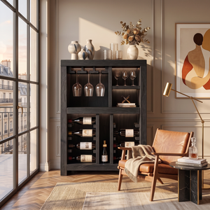 Solid Wood Wine Cabinet with Bottle Racks and Stemware Storage for Home Bar
