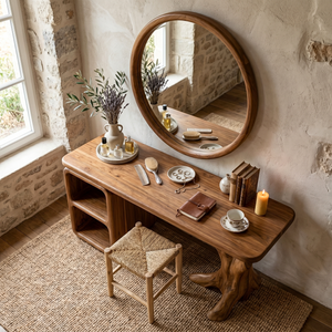Handcrafted Solid Wood Vanity Table with Sculptural Root Base and Open Shelves
