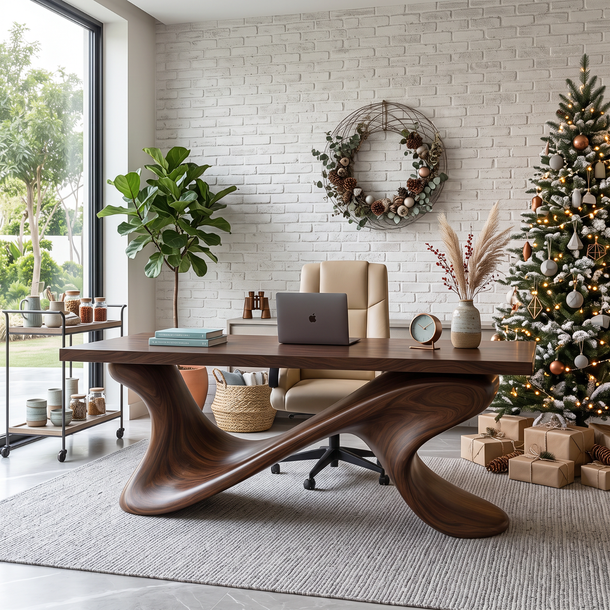 Sculptural Solid Wood Executive Desk with Flowing Cross Base