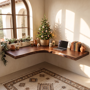 Live Edge Solid Wood Floating Corner Desk with Organic L Shaped Design