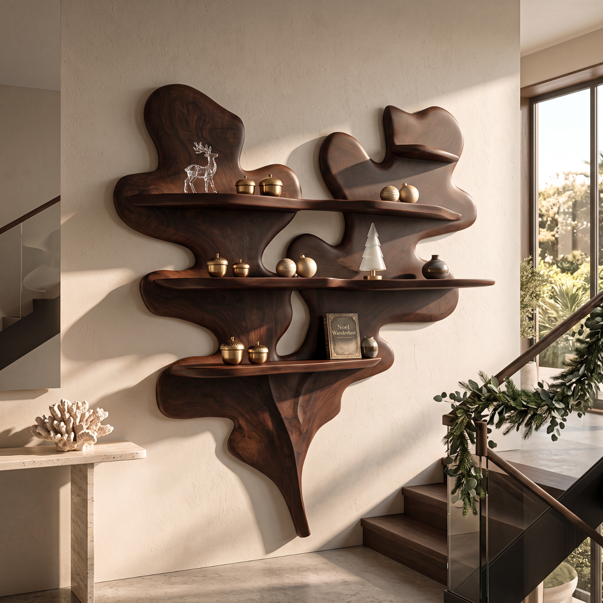 Sculptural Solid Wood Wall Shelf with Layered Organic Leaf Form
