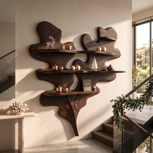 Sculptural Solid Wood Wall Shelf with Layered Organic Leaf Form