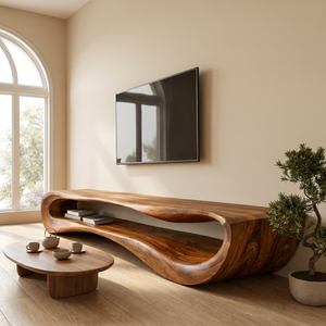 Organic Solid Wood TV Stand with Curved Open Shelf