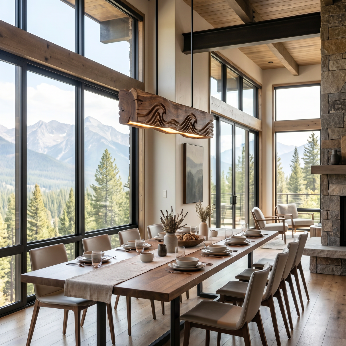 Carved Wave Wood Pendant Light for Dining Room