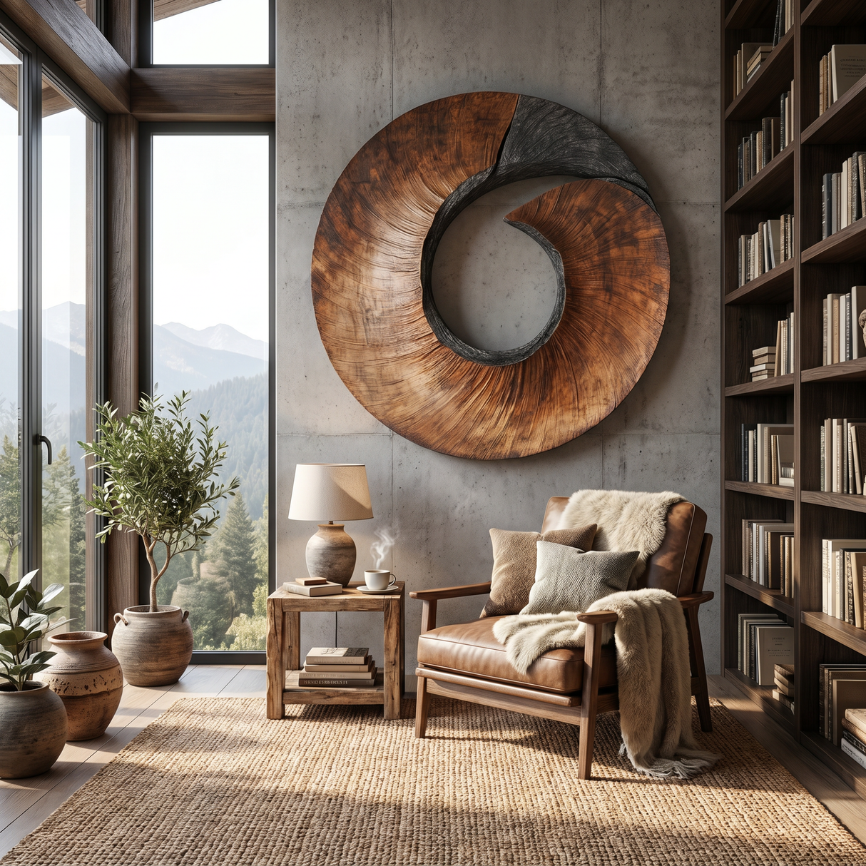 Handcrafted Spiral Wood Wall Sculpture with Open Center and Dark Textured Accent