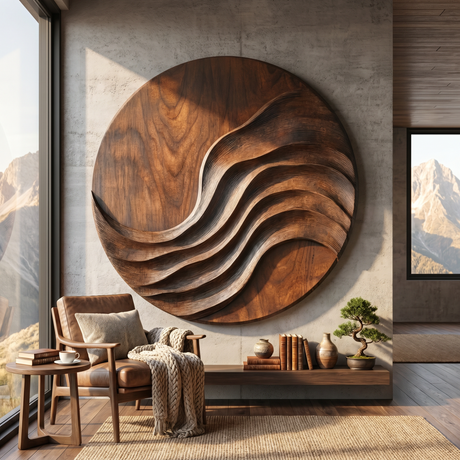 Large Handcrafted Wood Wall Sculpture with Layered Ribbon Relief for Living Room