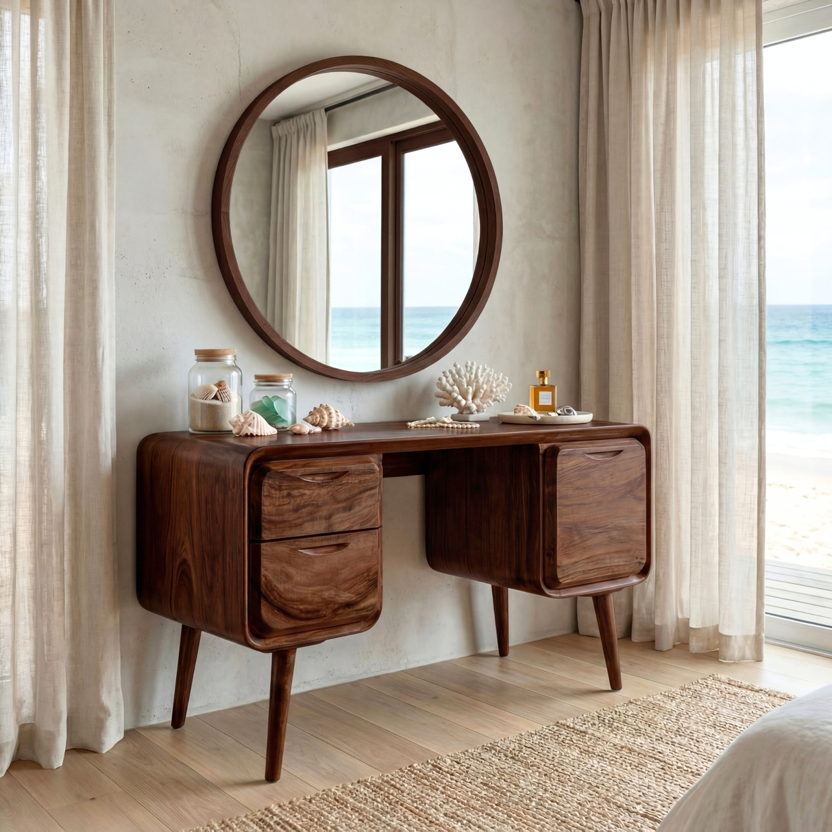 Rounded Solid Wood Vanity Table with Dual Side Drawers, Modern Dressing Table for Bedroom
