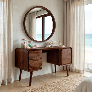 Rounded Solid Wood Vanity Table with Dual Side Drawers, Modern Dressing Table for Bedroom