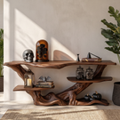 Sculptural Solid Wood Console Table with Tiered Shelves and Organic Root Base