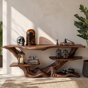 Sculptural Solid Wood Console Table with Tiered Shelves and Organic Root Base