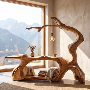 Solid Wood Desk with Hanging Light Tree Inspired Reading Table Organic