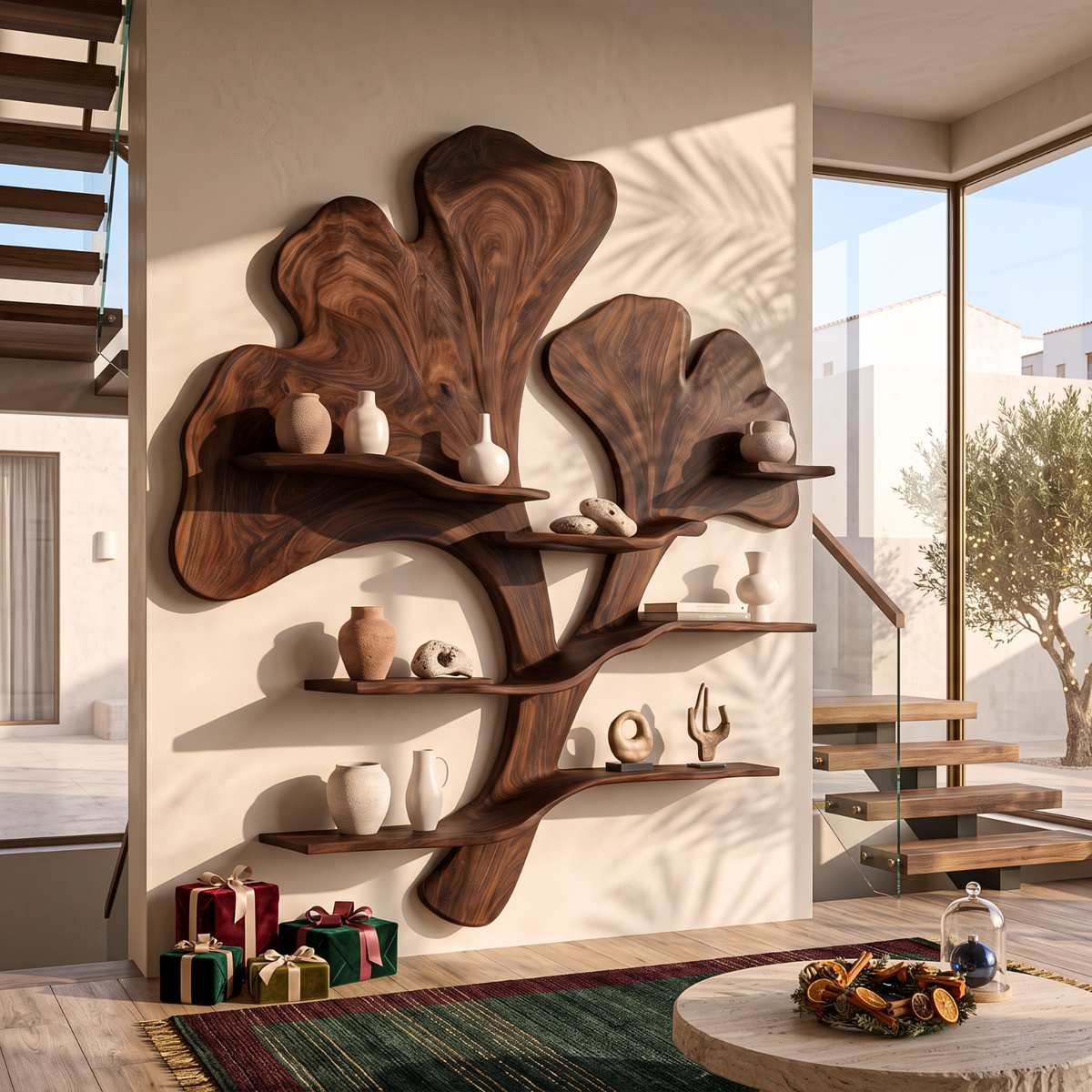 Sculptural Solid Wood Wall Shelf with Flowing Botanical Leaf Design