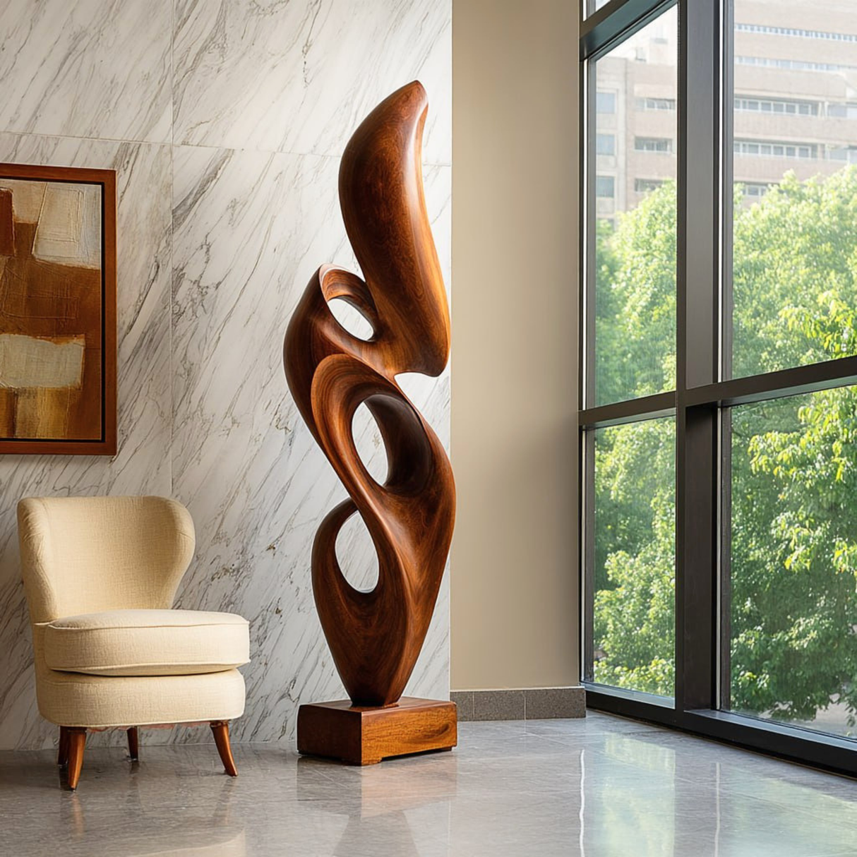 Handcrafted Solid Wood Rising Flame Sculpture with Open Ribbon Form