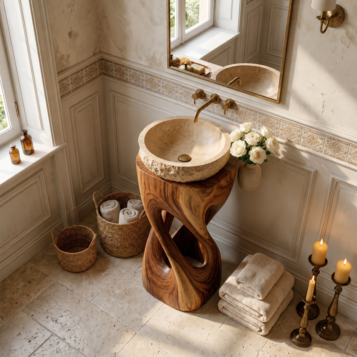 Sculptural Twisted Wood Pedestal Vanity with Organic Open Form