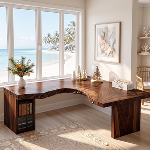 Live Edge Solid Wood L Shaped Desk with Built In Bookshelf Storage