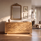 Sideboard Solid Wood with Sculptural Horizontal Wave Carved Doors