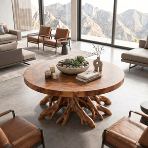 Round Solid Wood Coffee Table with Sculptural Root Base