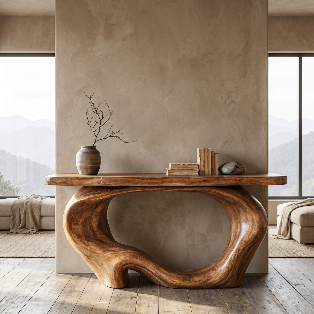 Console Table Solid Wood with Organic Hollow Loop Base for Entryway Decor
