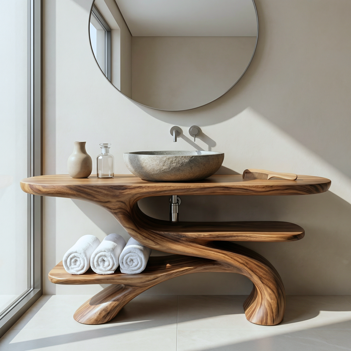 Handcrafted Solid Wood Bathroom Vanity with Sculptural Open Shelf