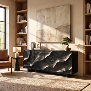 Sideboard Solid Wood with Sculptural Sand Dune Relief Doors