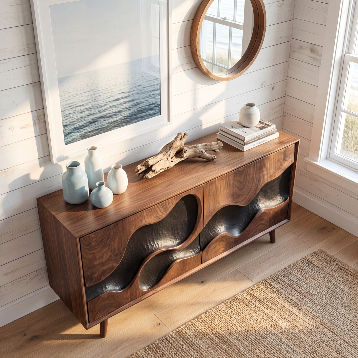 Sculpted Hollow Wave Front Wood Sideboard Cabinet for Living Room or Dining Room