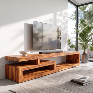 TV Console Solid Wood with Asymmetrical Open Shelf Frame for Living Room