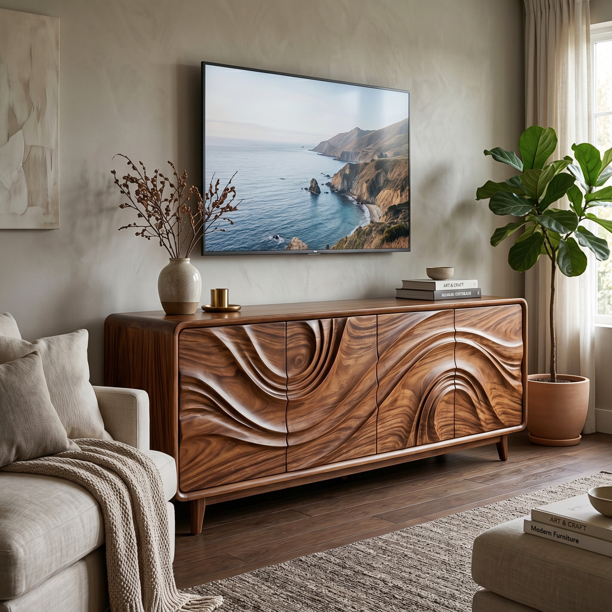 Solid Wood Four Door Media Sideboard with Sculpted Flow Front